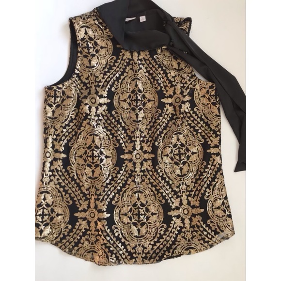 Eva Mendes Women’s Black & Gold Sequin Sleeveless Top Bow Detail Size Medium - Picture 2 of 5